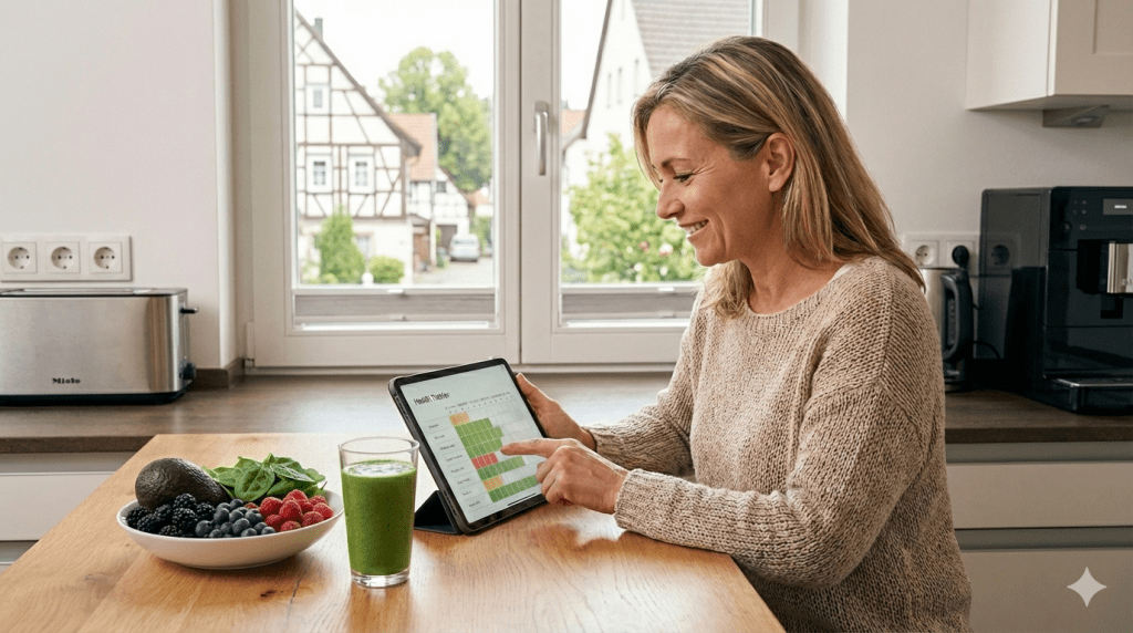 Biologisches Alter bestimmen 2026: Die besten Tests & Methoden im Vergleich 3 Frau schau sich ihr biologisches Alter an - generiert mit Gemini